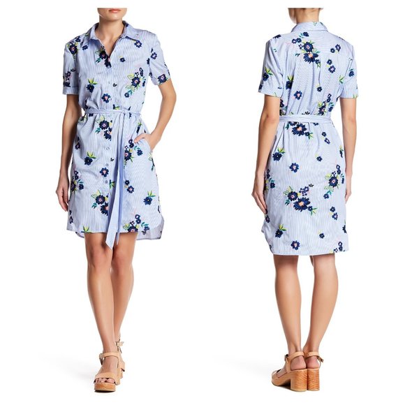 ECI Dresses & Skirts - ECI Embroidered Floral Pinstripe Shirt Dress {A53}